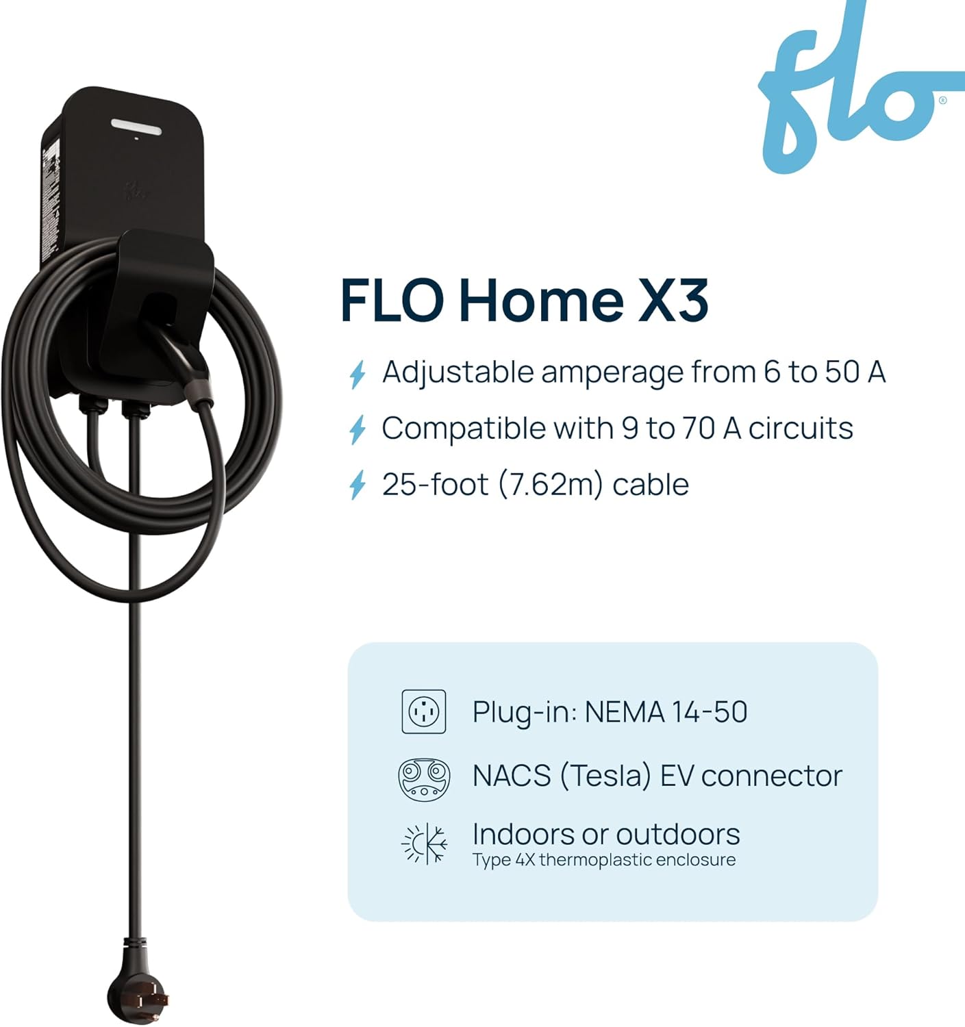 FLO Home X3 - Estación de carga de vehículos eléctricos de nivel 2, 12 kW a 50 amp/240 V, NEMA 14-50 cargador rápido para todos los vehículos eléctricos (J1772), certificado UL/Energy Star, cable de