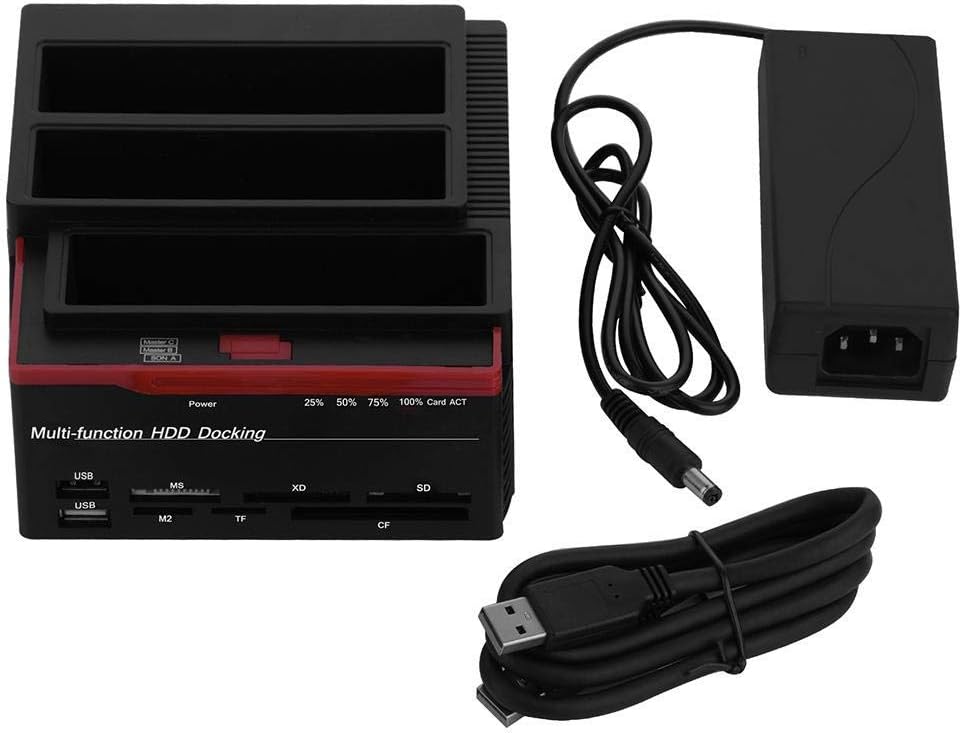 Zopsc USB 3.0 SATA/IDE HDD Estación de acoplamiento de tres bahías sin conexión Clon HUB lector 12V/3A Fuente de alimentación independiente Estación de acoplamiento de disco duro externo (US) 100-240V