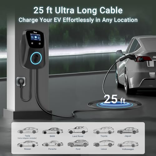 Tera para Tesla Cargador de Vehículo Eléctrico (EV): Nivel 2 J1772 2024 ETL Energy Star 48A Totalmente actualizado con amplificadores de Ajuste Manual y programación en la Unidad 240 V, Negro