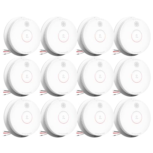 SITERWELL Detector de humo, detector de humo interconectado con cable, alarma de humo fotoeléctrica con batería de reserva de 9 V, alarma de incendio con botón de prueba/silencio, listado UL217-9