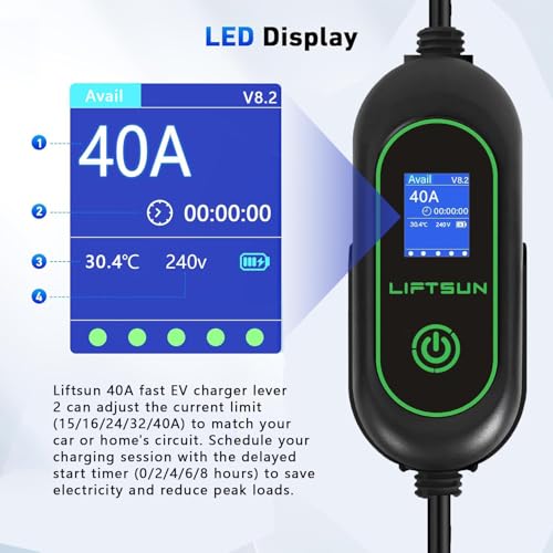 LIFTSUN Cargador EV de nivel 2, máximo 40 amperios 9.6 KW EVSE, cargador portátil J1772 para el hogar, cargador EV ajustable 13A/16A/24A/32A/40A, cable de doble uso de 21 pies para vehículos LS-I15A-21FT