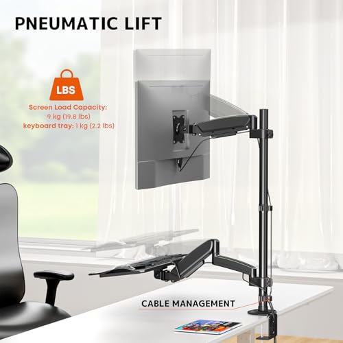 Soporte de escritorio para monitor de pie sentado para pantallas de 17 a 32 pulgadas, brazo articulado de movimiento completo ajustable en altura con bandeja para teclado, monitor de 19.8