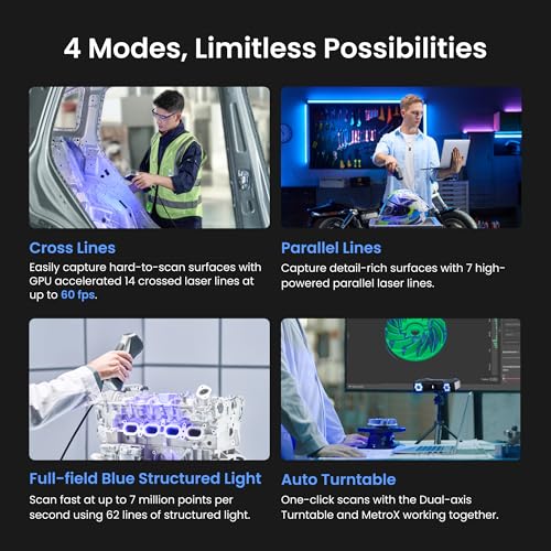 Revopoint MetroX - Escáner 3D para impresión 3D, escáner de impresora 3D de mano, escaneo láser azul, precisión de grado metrología de 0.000 in para objetos oscuros de metal, velocidad de hasta 60