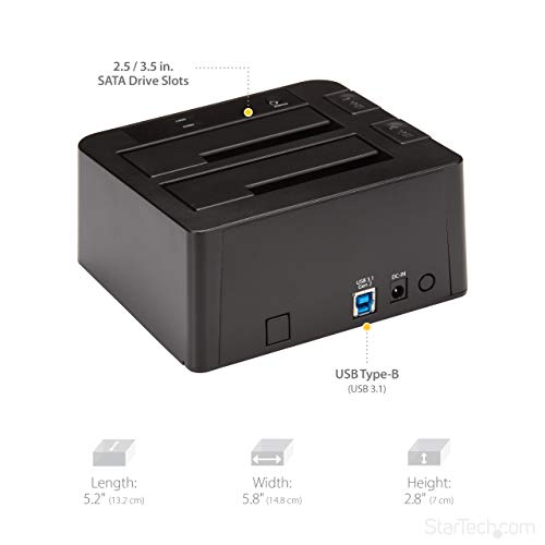 StarTech.com Estación de acoplamiento de disco duro USB 3.1 a SATA de doble bahía, USB 3.1 (10 Gbps), externa 2.5/3.5" SATA I/II/III, estación de acoplamiento SSD/HDD, bahía de disco duro