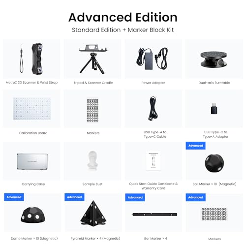Revopoint MetroX - Escáner 3D para impresión 3D, escáner de impresora 3D de mano, escaneo láser azul, precisión de grado metrología de 0.000 in para objetos oscuros de metal, velocidad de hasta 60