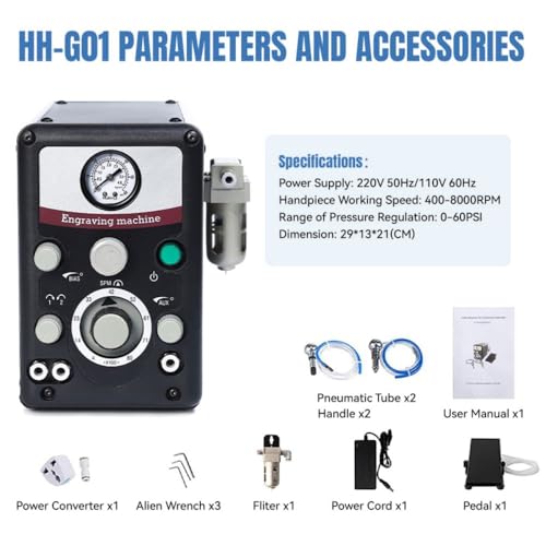 Lakimi Máquina neumática grabadora de joyas - Máquinas neumáticas de grabado manual de doble cabezal 400-8000 RPM para joyería y manualidades de metal G01