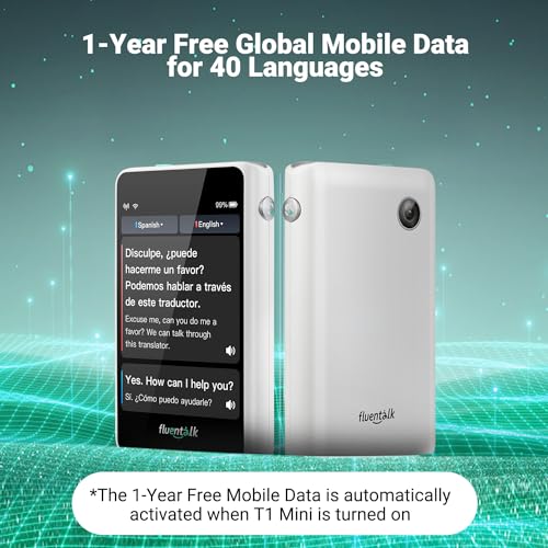 Timekettle, Fluentalk T1 Mini dispositivo de traductor no necesita WiFi, datos móviles globales integrados de 1 año, soporta 40 idiomas y traducción de fotos, traductor de idioma instantáneo para