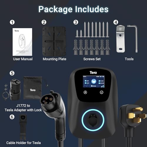 Tera para Tesla Cargador de Vehículo Eléctrico (EV): Nivel 2 J1772 2024 ETL Energy Star 48A Totalmente actualizado con amplificadores de Ajuste Manual y programación en la Unidad 240 V, Negro