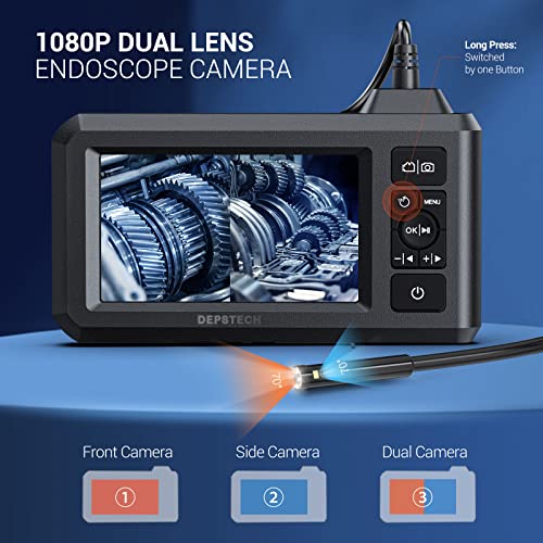 DEPSTECH Endoscopio industrial de doble lente, cámara de inspección digital de boroscopio 1080P, cámara impermeable IP67 de 0.311 in (7.9mm), cámara de alcantarillado con pantalla LCD de 4.3 pulgadas, 7 luces. Cable 16.5 pies semirigido