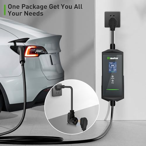 Cargador Ev nivel 2, 16-40A 110-240V, incluye adaptador J1772 a Tesla, cargador Tesla, con cable de carga de 25 pies y enchufe NEMA 14-50, con función de corriente ajustable y tiempo de carga