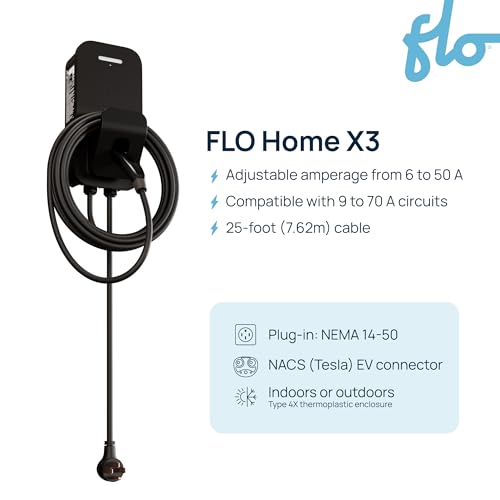 FLO Home X3 - Estación de carga de vehículos eléctricos de nivel 2, 12 kW a 50 amp/240 V, NEMA 14-50 cargador rápido para todos los vehículos eléctricos (J1772), certificado UL/Energy Star, cable de