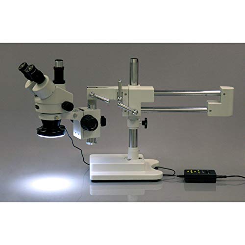 AmScope Microscopio profesional trinocular con zoom estéreo SM-4TZ-144A, WH10x, aumento de 3,5X-90X, objetivo con zoom 0,7X-4,5X, anillo de luz LED de 4 zonas, soporte de tipo jirafa con 2 brazos, 110V-240V, incluye lentes Barlow de 0,5X y 2.0X.