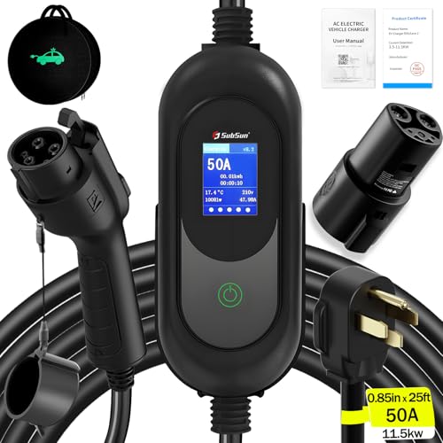 SubSun Cargador universal portátil de nivel 2 para vehículos eléctricos de 50 amperios, 240 V, para todos los vehículos eléctricos de América del Norte, incluye J1772 y Tesla, cable de carga EV de 25 BK50171T25F