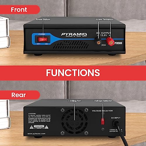 Pyle Pyle PSV300 - Fuente de alimentación de banco compacto universal - Convertidor de CA a CC de laboratorio doméstico regulado de 30 amperios con 13.8 voltios CC 115/230 V CA conmutable, terminales