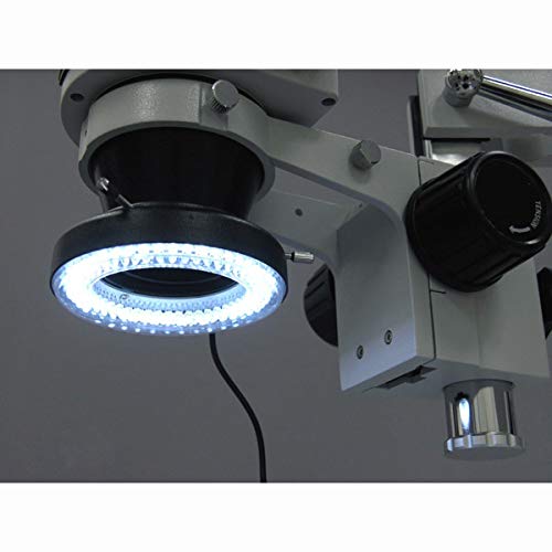 AmScope Microscopio profesional trinocular con zoom estéreo SM-4TZ-144A, WH10x, aumento de 3,5X-90X, objetivo con zoom 0,7X-4,5X, anillo de luz LED de 4 zonas, soporte de tipo jirafa con 2 brazos, 110V-240V, incluye lentes Barlow de 0,5X y 2.0X.