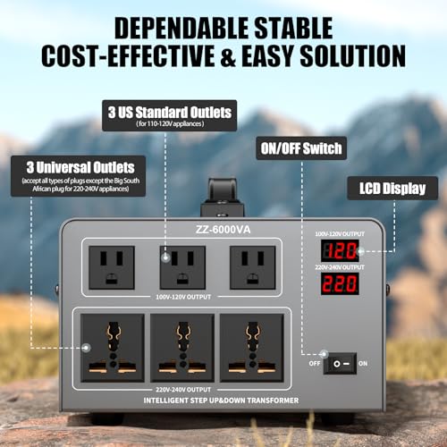 Convertidor automático de voltaje de 6000 W, convertidor de potencia elevado/descendente de alta resistencia, 110/120/220/240 V con 3 salidas estadounidenses, 3 salidas universales, visualización LED,