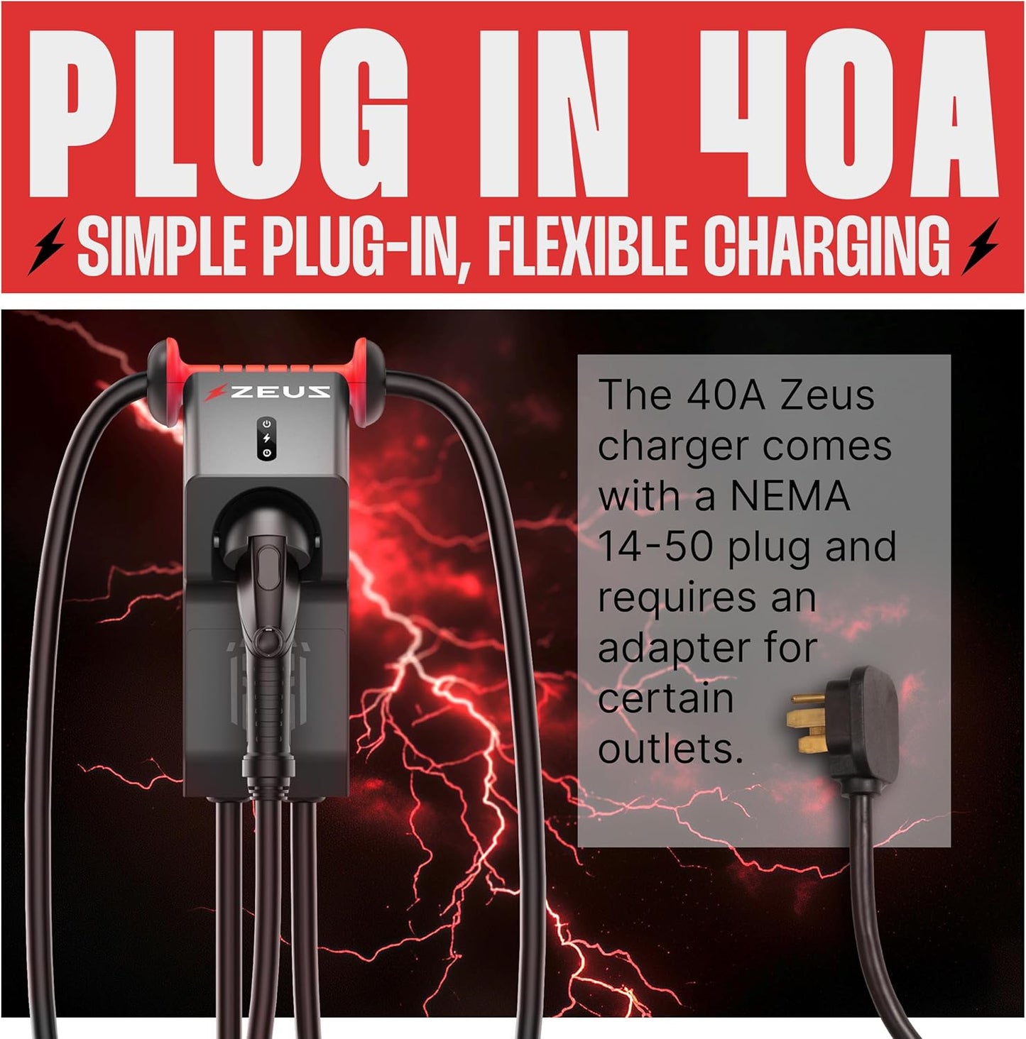 Zeus - Cargador EV de nivel 2 – Equipo de carga de vehículos eléctricos compatible con todos los modelos de vehículos eléctricos – Cargador rápido J1772 EVSE nivel 2 de 40 amperios – NEMA 14-50 240V