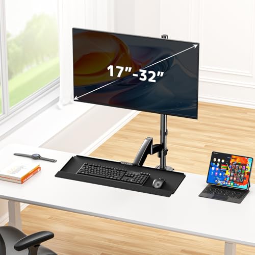 Soporte de escritorio para monitor de pie sentado para pantallas de 17 a 32 pulgadas, brazo articulado de movimiento completo ajustable en altura con bandeja para teclado, monitor de 19.8