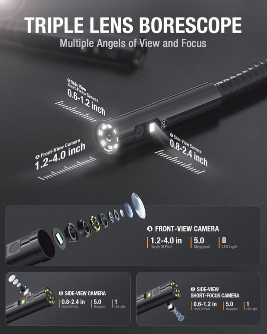 Cámara de inspección, boroscopio Teslong de triple lente con pantalla dividida IPS de 6 pulgadas, cámara endoscopio WiFi con luz IP67, impermeable, flexible, cámara de alcance - NTS600