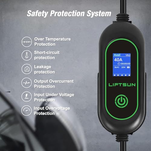 LIFTSUN Cargador EV de nivel 2, máximo 40 amperios 9.6 KW EVSE, cargador portátil J1772 para el hogar, cargador EV ajustable 13A/16A/24A/32A/40A, cable de doble uso de 21 pies para vehículos LS-I15A-21FT