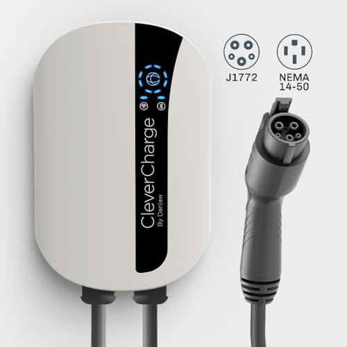 CleverCharge EV112A - Cargador EV de Nivel 2 habilitado para Wi-Fi, NEMA 14-50 EVSE con conector J1772 y CleverKey AI, hasta 40 A/240 V, clasificación UL/Energy Star, cable de 25 pies, Blanco Suave