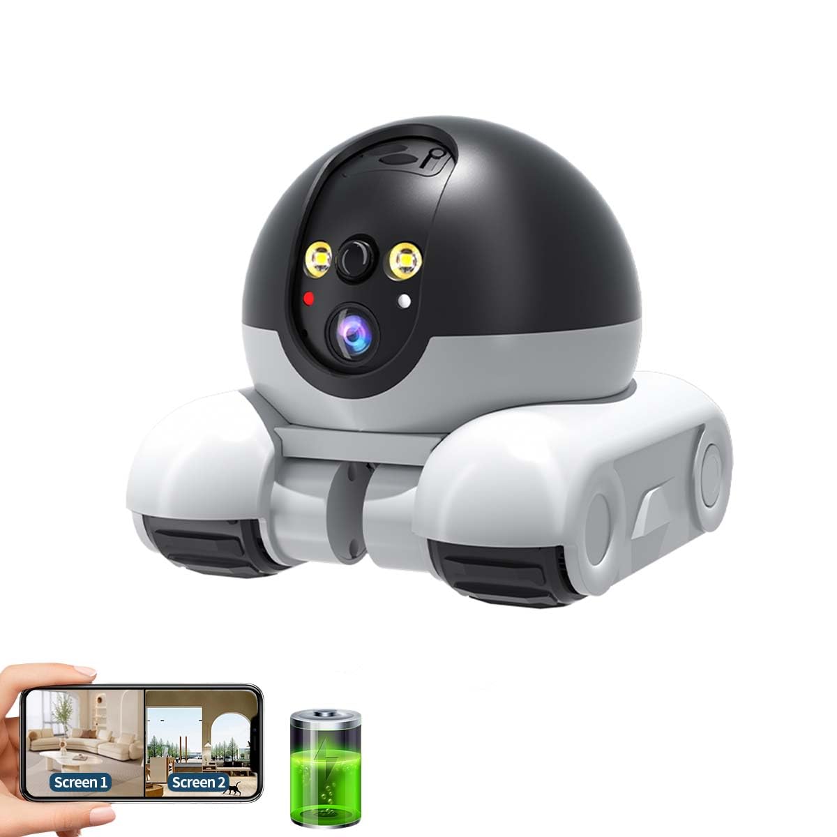 Movable 2MP+2MP Dual Lens Dual Screen Pet Robot 2.4 GHz WiFi Cámara de seguridad para el hogar inteligente P 360°/T 90° Rotación Monitoreo Teléfono App 2 Way Audio Detección de Movimiento Alertas