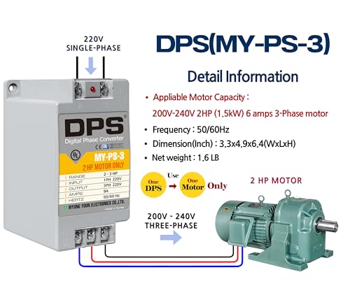 Convertidor monofásico a trifásico, modelo MY-PS-3, apto para motores trifásicos de 2HP (1,5 kw) 6 amperios 200-240 V, un DPS tiene que usarse solo para un motor