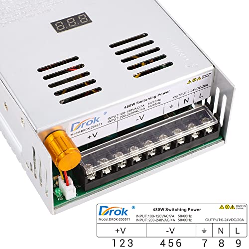 DROK - Fuente de alimentación de 24 V, CA 110 V/220 V a CC 0-24 V, 20 A 480 W, adaptador ajustable variable regulado 5 V, 12 V, 24 V, voltaje, transformador LED de voltaje de conmutación de 20 A,