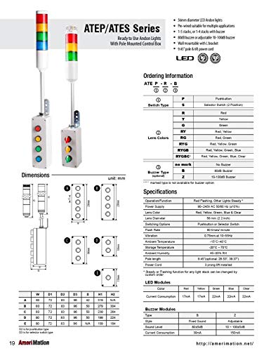 ATEPR-10-RYGB-Z, Andon Light, caja de control de botón a distancia, con cable de 10 pies, poste de 9.45 pulgadas con soporte L, intermitente rojo y zumbador, amarillo/verde/azul constante, zumbador ajustable de 10-100 dB, 110 V