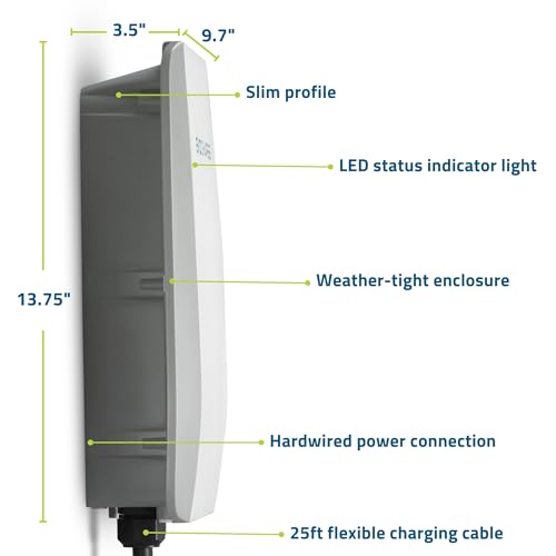 Cargador para vehículos eléctricos de nivel 2 de hasta 50 amperios, WiFi inteligente y Bluetooth habilitado, cable de 25 pies, cableado de 240 V, certificación UL, EVC50012001