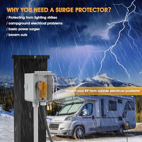 STARELO Caja de toma de corriente RV de 50 amperios con protector de sobretensiones impermeable (10000 julios), receptáculo NEMA 14-50R 125/250 voltios, con protección contra sobretensiones para