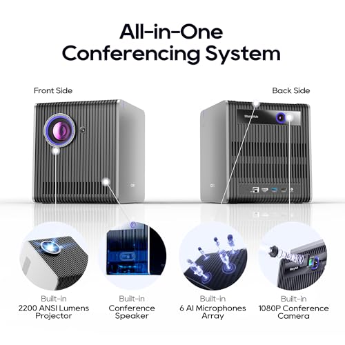 Sistema de videoconferencia StarryHub edición 2024, proyector de sala de conferencias de 2200 lúmenes ANSI + cámara de sala de conferencias HD 1080P con marco automático + 6 micrófonos impulsados por