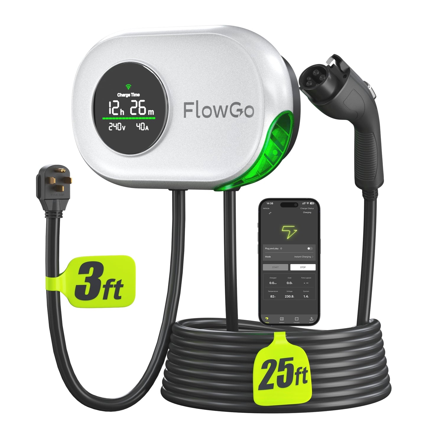 Cargador eléctrico de nivel 2 de 40 A, cargador eléctrico inteligente para el hogar, pantalla activada por movimiento, 240 V con enchufe NEMA 14-50, conector J1772, cable de 25 pies, aplicación