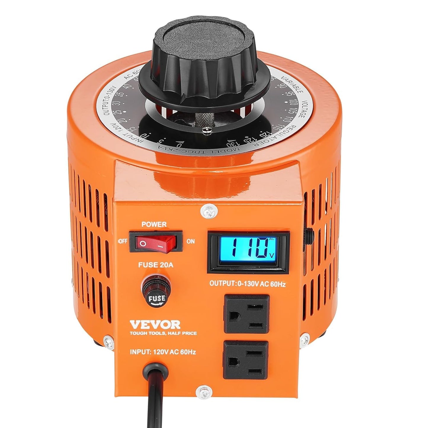 Vevor 2000VA 20A Transformador automático 110V 60Hz Voltaje de entrada Pantalla digital 0-130V Salida Regulador de voltaje automático para enchufe de EE. UU.: Herramientas y mejoras para el hogar