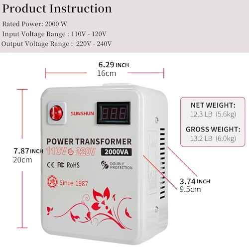 SUNSHUN Convertidor de 110 V a 220 V, transformador elevador de 2000 W de 110 V a 220 V con pantalla de voltaje para electrodomésticos asiáticos europeos de 220/240 voltios utilizados en EE. UU