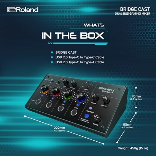 Roland BRIDGE CAST - Mezclador de juegos de doble bus en blanco hielo, interfaz de transmisión de audio profesional y mezclador para jugadores en línea, hardware de 32 bits DSP, conectividad USB-C