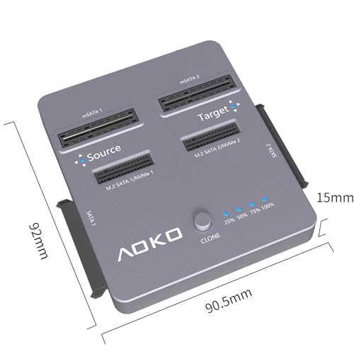 M.2 SSD Cloner 4 en 1 Clonador Duplicator, AOKO Dual-Bay 20Gbps NVMe Reader Adaptador para NVMe SSD o unidades SATA de 2.5"/3.5" y SSD mSATA y SSD M.2 SATA con clon sin conexión
