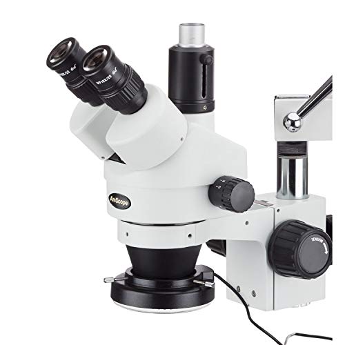 AmScope Microscopio profesional trinocular con zoom estéreo SM-4TZ-144A, WH10x, aumento de 3,5X-90X, objetivo con zoom 0,7X-4,5X, anillo de luz LED de 4 zonas, soporte de tipo jirafa con 2 brazos, 110V-240V, incluye lentes Barlow de 0,5X y 2.0X.