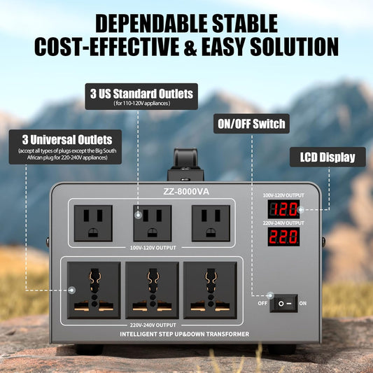 Transformador convertidor automático de voltaje de 8000 W, convertidor de potencia elevador/abajo de alta resistencia 110/120/220/240 V con 3 salidas de EE. UU., 3 salidas universales, pantalla LED,