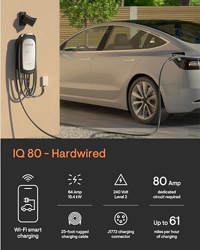 Cargador inteligente EV de 64 amperios - Enphase IQ 80, cableado, 15.4 kW de potencia, 240 V, conexión Wi-Fi, certificado de seguridad, cable de 25 pies y conector J1772 resistente