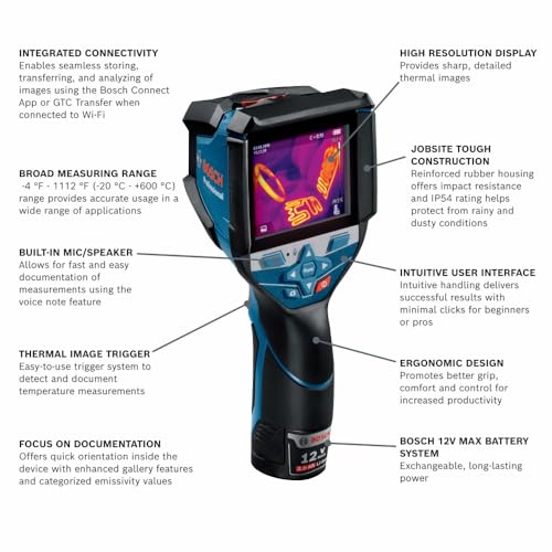 Bosch Cámara térmica conectada máxima GTC600C 12V Amplio rango de medición de -4 F - 1112 F (-20 C - +600 C): para un uso preciso en una amplia gama de aplicaciones