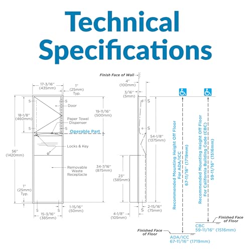 Bobrick ClassicSeries - Dispensador de toallas de papel convertible empotrable y receptáculo de residuos, 15.19 x 7.09 x 56 pulgadas, acero inoxidable satinado B-3944