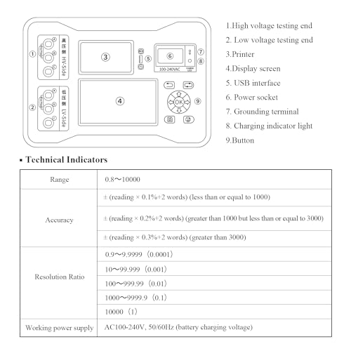 Kit de probador de relación de giros de transformador - Prueba de transformador trifásico y monofásico, PT CT, prueba de polaridad con batería de litio
