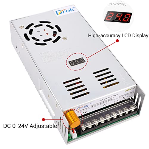 DROK - Fuente de alimentación de 24 V, CA 110 V/220 V a CC 0-24 V, 20 A 480 W, adaptador ajustable variable regulado 5 V, 12 V, 24 V, voltaje, transformador LED de voltaje de conmutación de 20 A,
