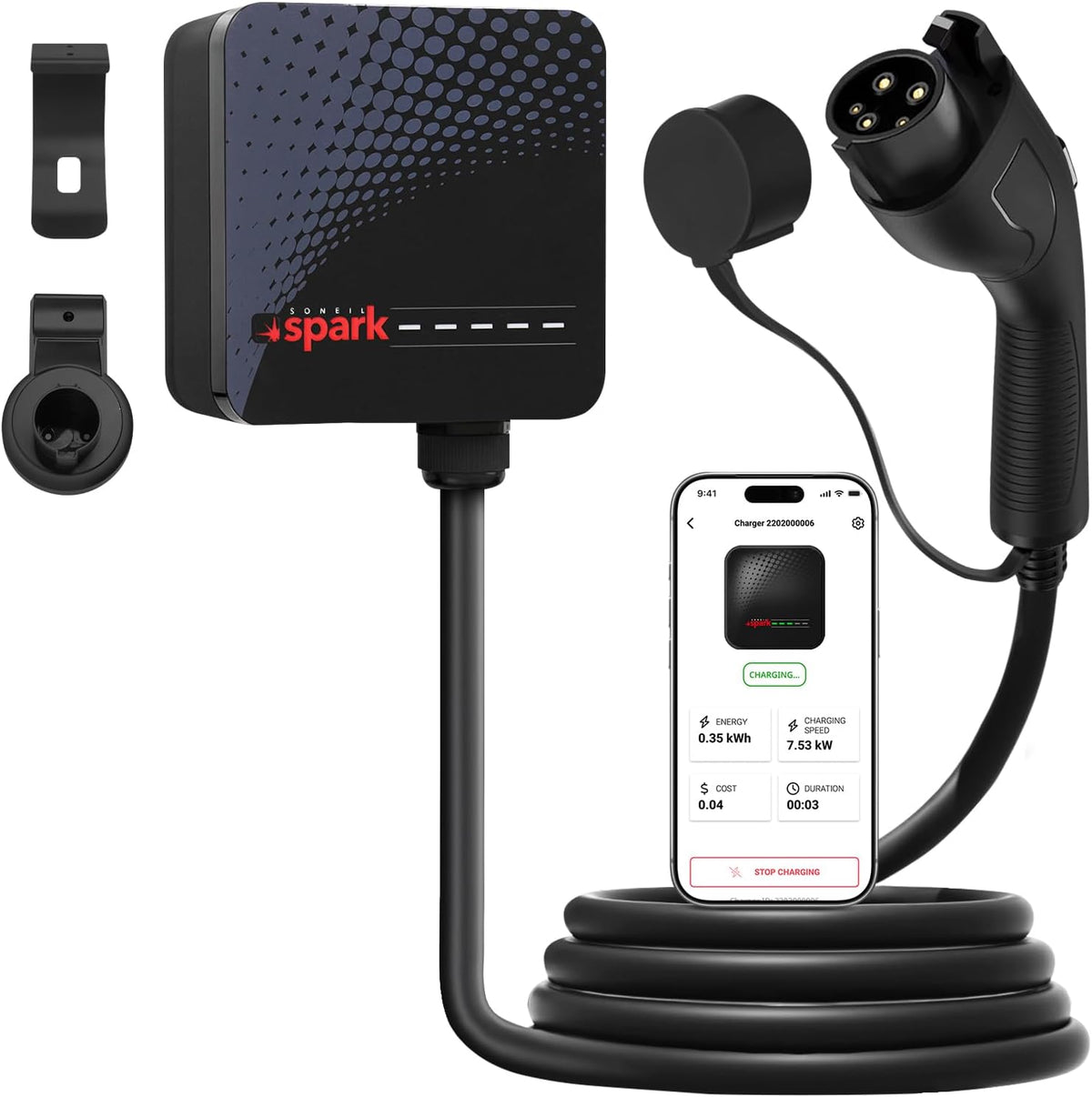 Cargador EV de nivel 2, 40 A, 240 V, cargador doméstico montado en la pared con enchufe NEMA 14-50, conector J1772, cable de carga de 24.6 ft, WiFi mejorado y control inteligente de aplicaciones