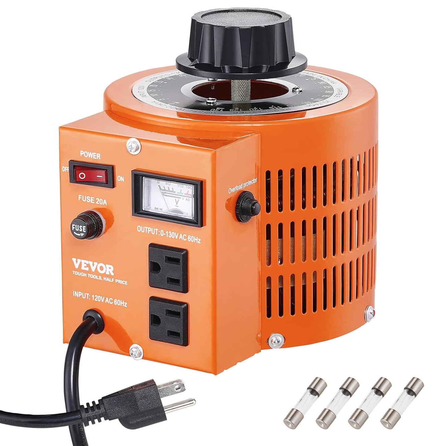 VEVOR Transformador de voltaje variable automático 2000VA, 15.3 amperios, entrada de 110 V, 0-130 V, regulador de voltaje de CA, con pantalla LCD, 4 fusibles adicionales, interruptor de control