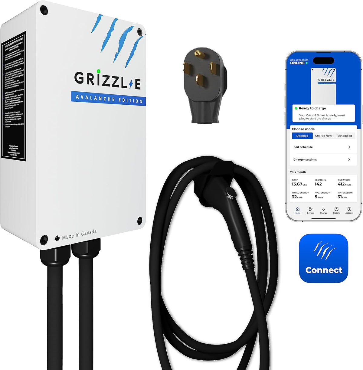 Grizzl-E Classic Connect 40A / 9,6 kW Nivel 2 EV, probado y certificado por UL, Energy Star, carcasa de metal para interiores y exteriores, estación de carga inteligente de pared para coche, NEMA 14 GRS-14-25J1772-B