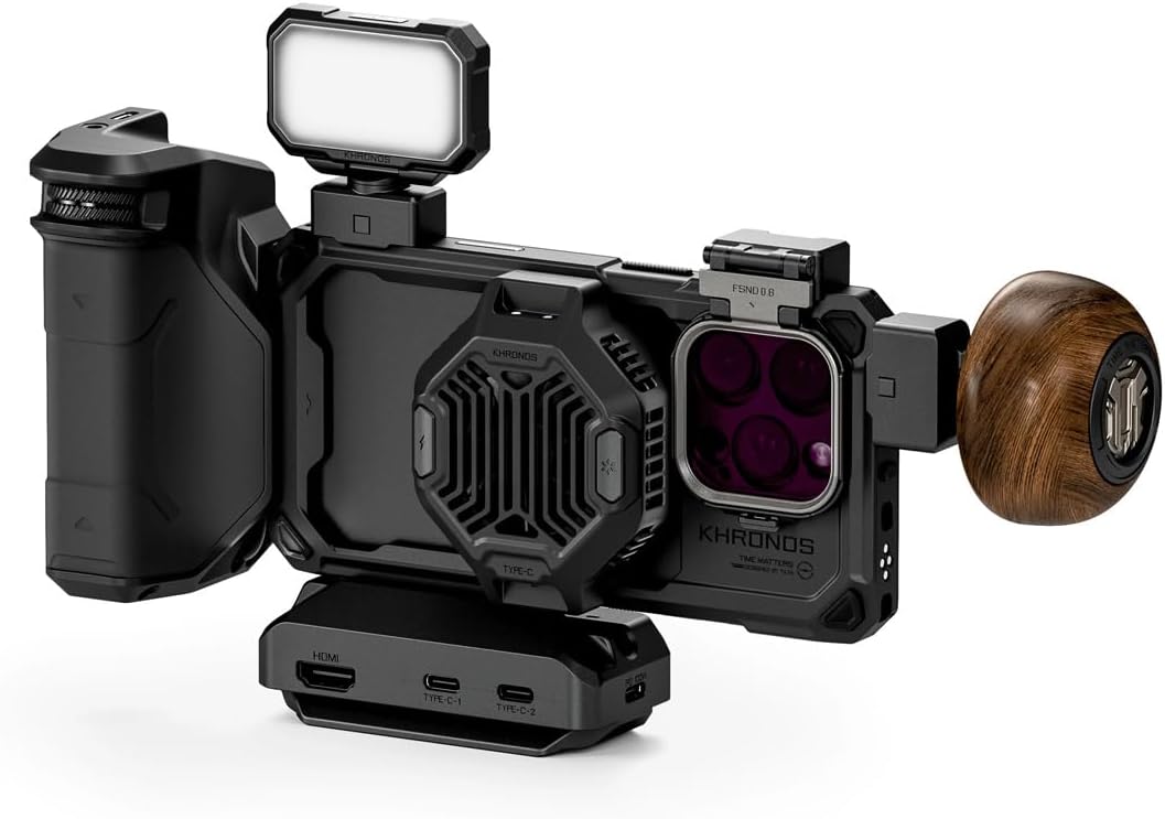 Tilta Khronos Ultimate Kit para iPhone 16 Pro | Incluye funda, ventilador de enfriamiento, mango PD de enfoque, panel LED, concentrador USB-C, mango de madera, soporte para SSD, bandeja de filtro TK-IP16-PB-B
