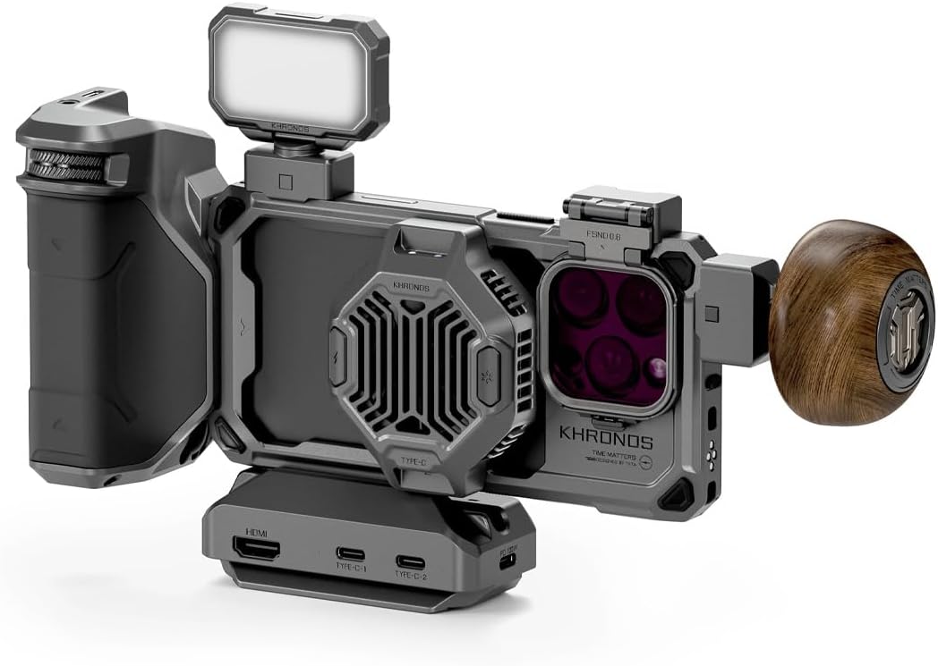 Tilta Khronos Ultimate Kit para iPhone 16 Pro | Incluye funda, ventilador de enfriamiento, mango PD de enfoque, panel LED, concentrador USB-C, mango de madera, soporte para SSD, bandeja de filtro TK-IP16-PB-B