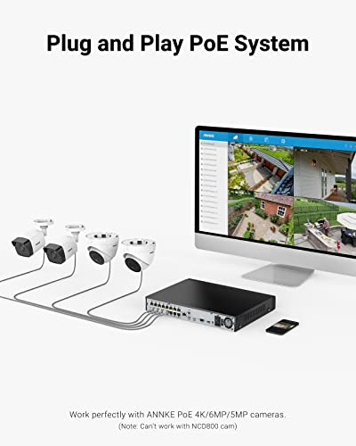 ANNKE NVR PoE 4K de 16 canales con disco duro de 2 TB, grabadora de video de red de seguridad para el hogar Ultra HD compatible con cámaras IP ANNKE PoE de 4K/8MP/5MP/6MP/4MP, grabación de vigilancia 24/7